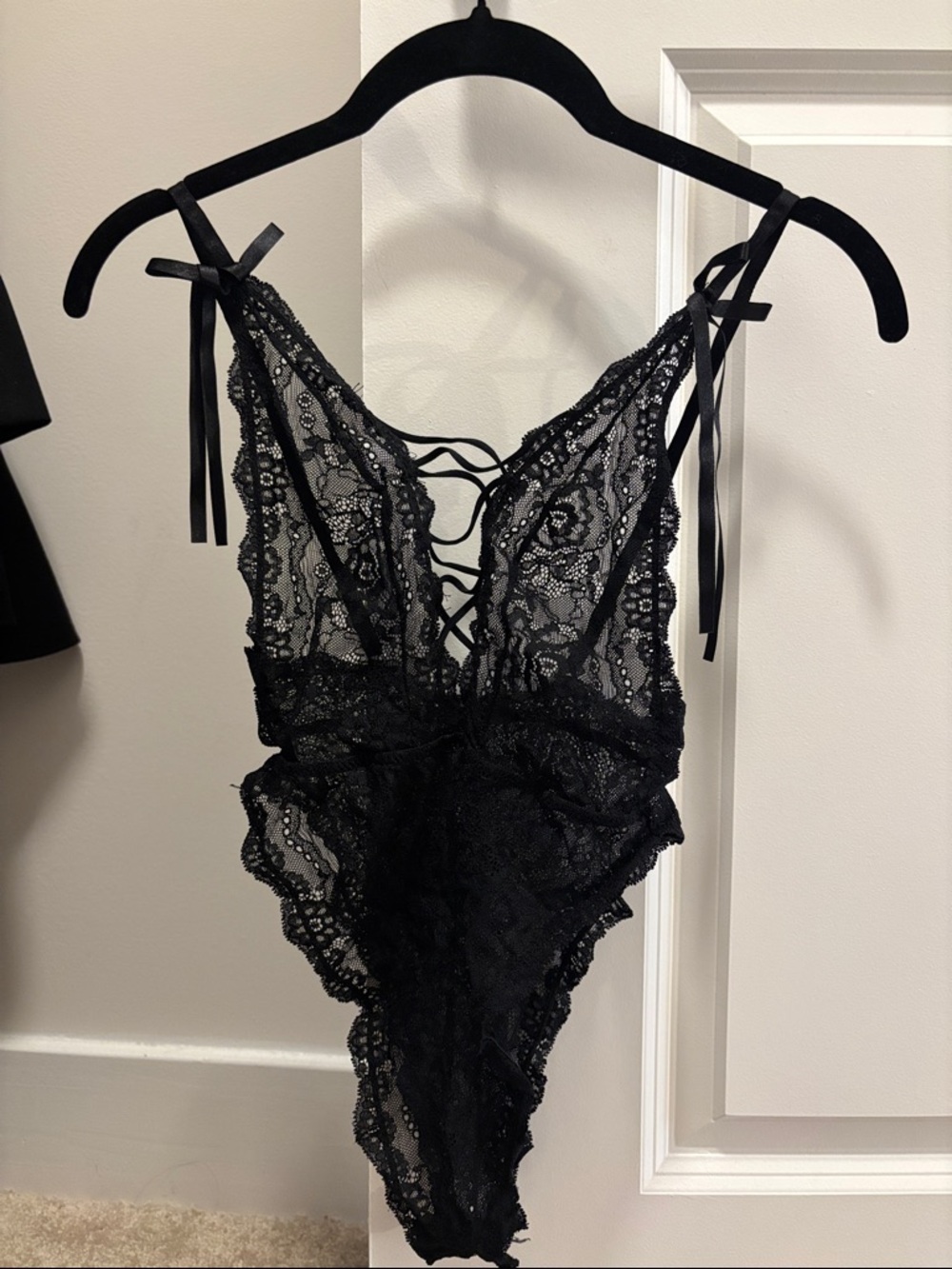 Sheer Black Lace Bodysuit with Tie Straps